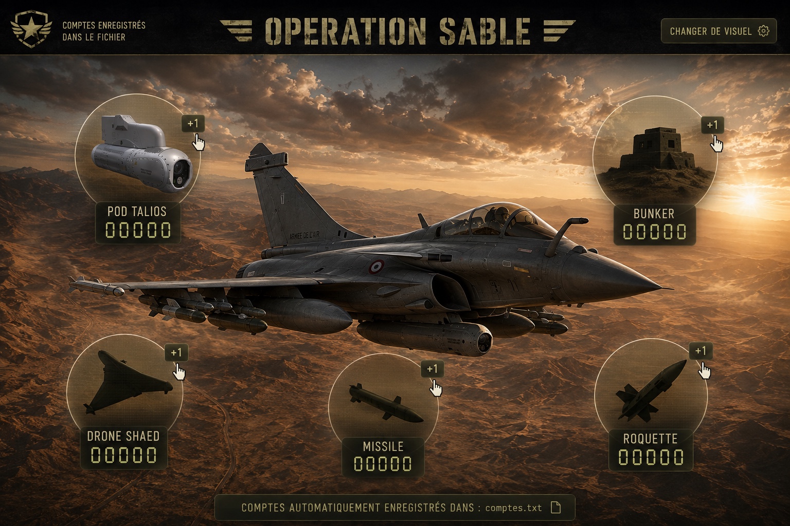 Rafale armé au-dessus d'un paysage désertique